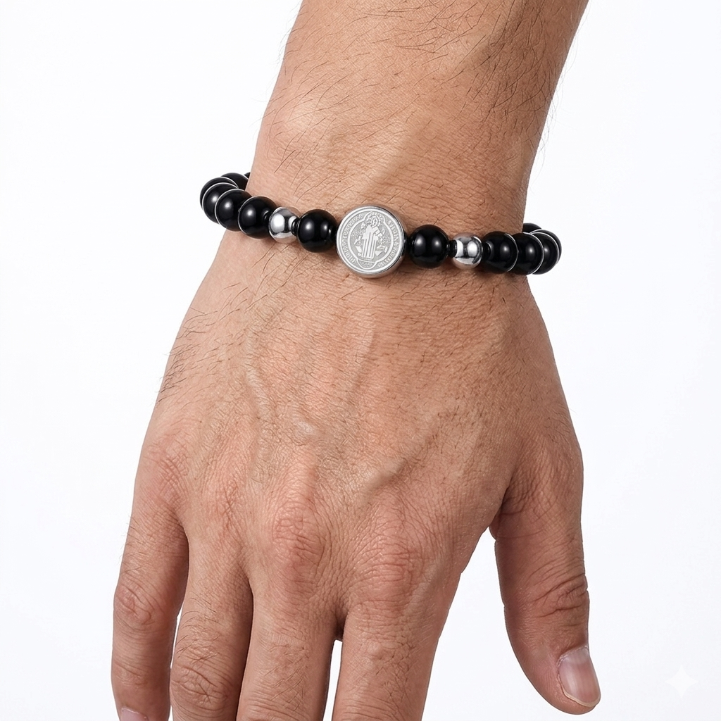 Pulseira Medalha de São Bento (Miçanga Regulável) - Prata com Preto