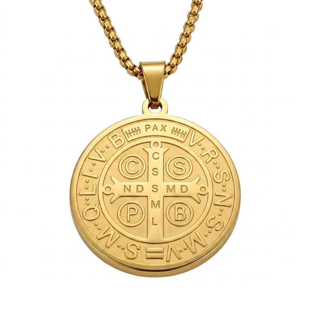 Colar Masculino Aço Inox - Medalha de São Bento lisa - Dourado