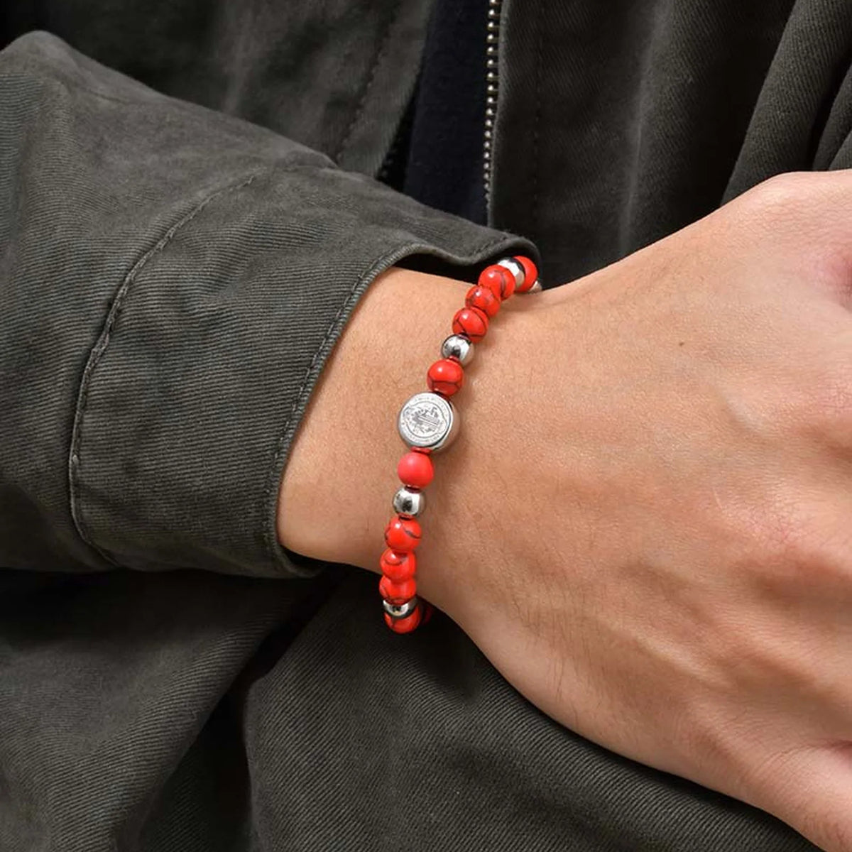 Pulseira Masculina Regulável - Miçangas - Medalha de São Bento