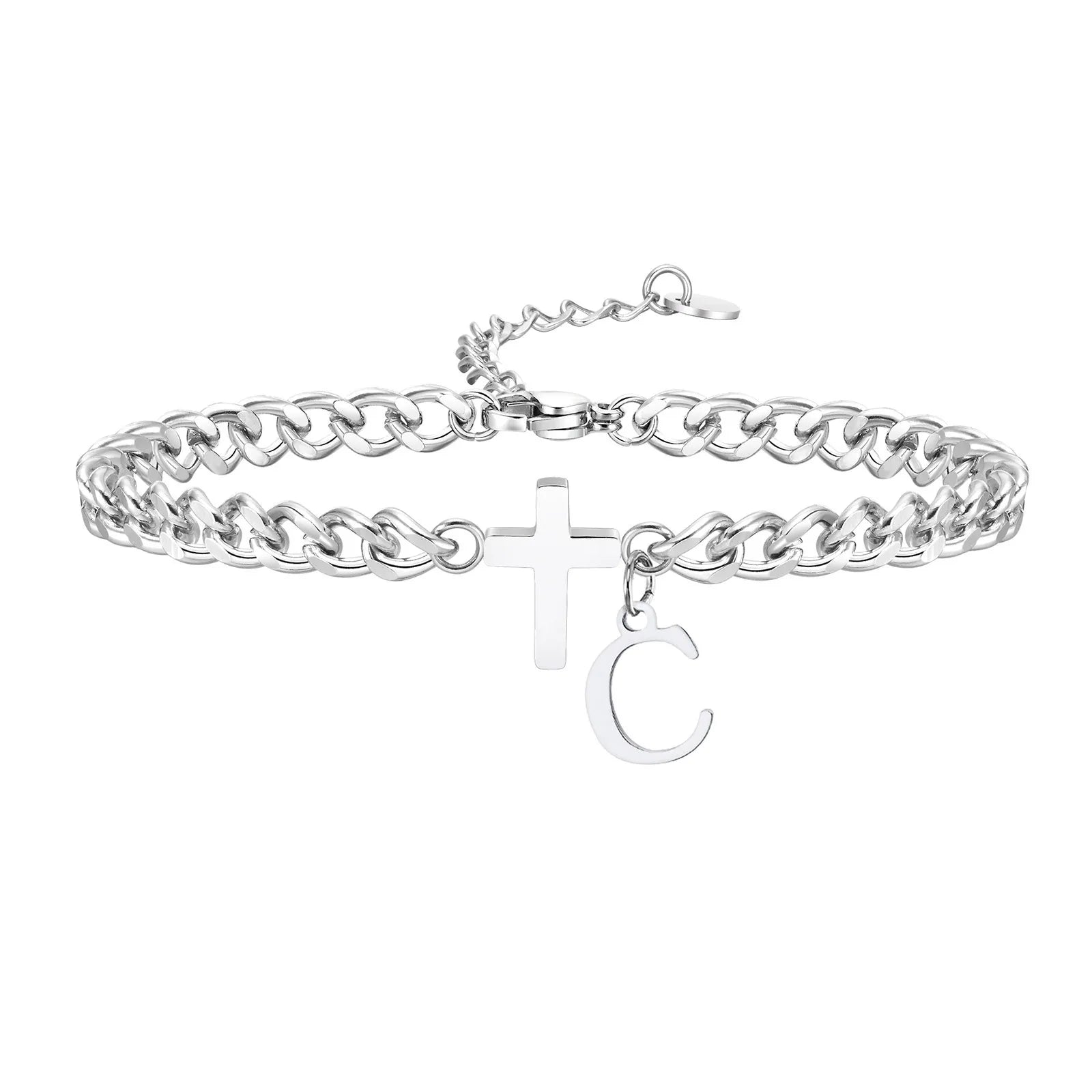 Pulseira Aço Inox - Cruz com Letra Inicial