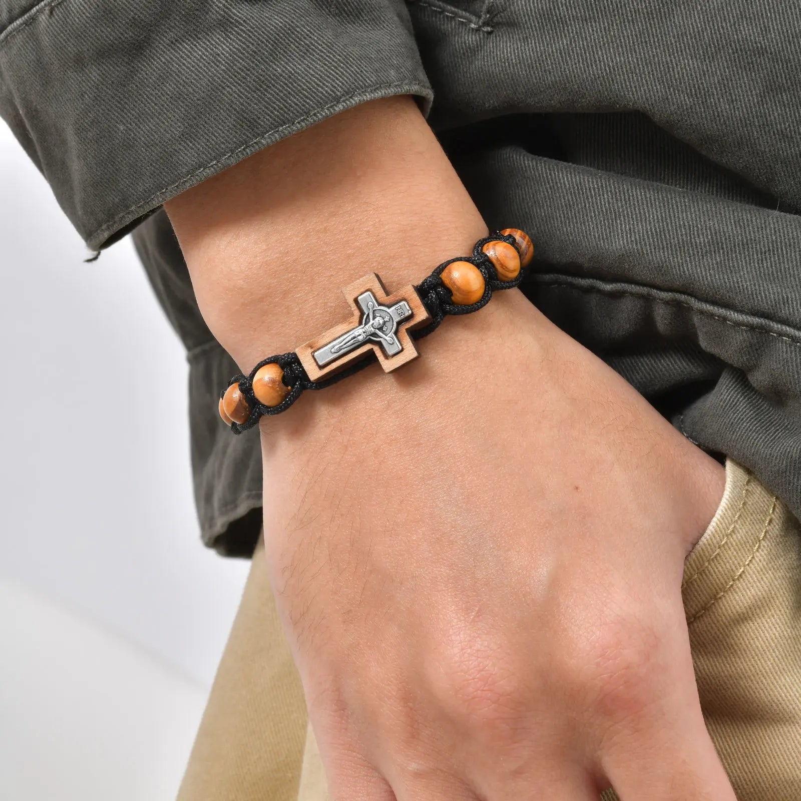 Pulseira Masculina Regulável - Dezena de Rosário em Madeira