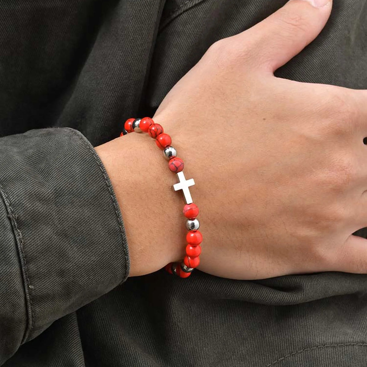 Pulseira Masculina Regulável - Miçangas - Cruz Sagrada