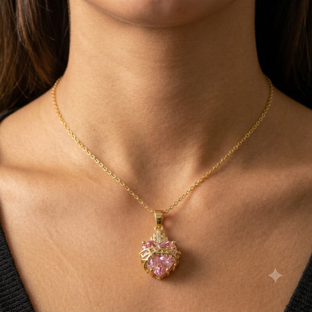 Colar Feminino Aço Inoxidável Sagrado Coração Majestoso - Rosa