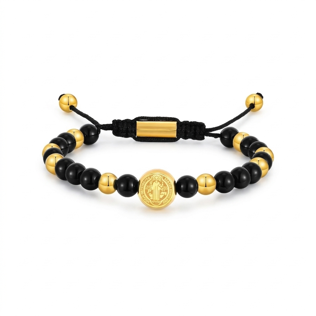 Pulseira Medalha de São Bento (Miçanga Regulável) - Dourado com Preto