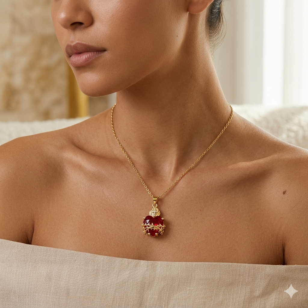 Colar Feminino Aço Inoxidável Sagrado Coração Majestoso - Dourado
