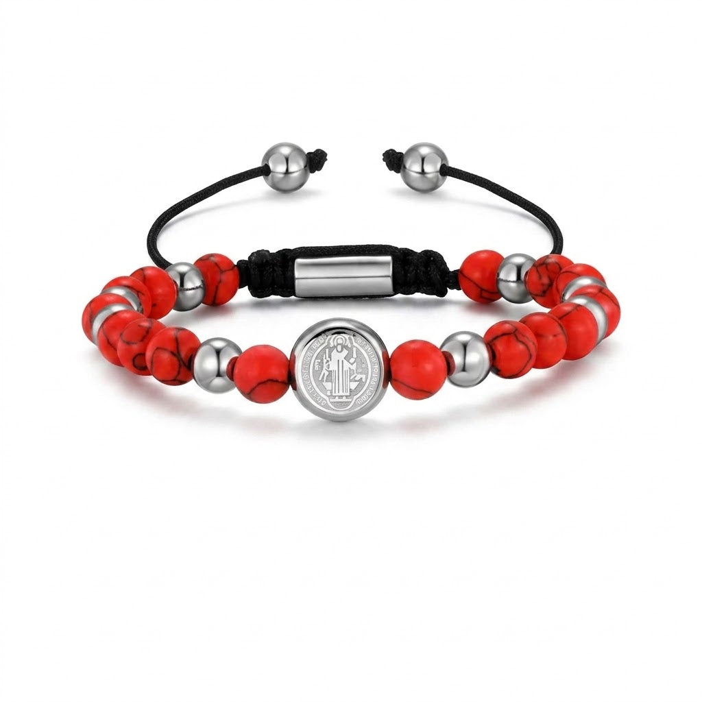 Pulseira Masculina Regulável - Miçangas - Medalha de São Bento