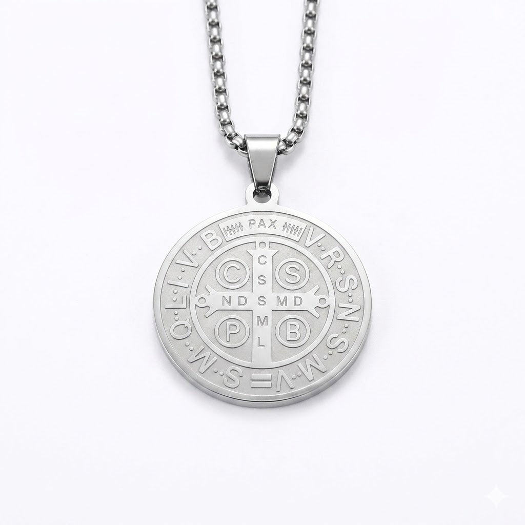 Colar Masculino Aço Inox - Medalha de São Bento lisa - Prata