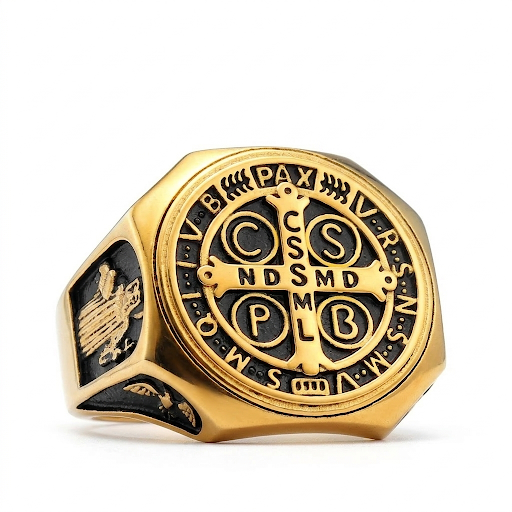 Anel Medalha de São Bento - Dourado e Preto