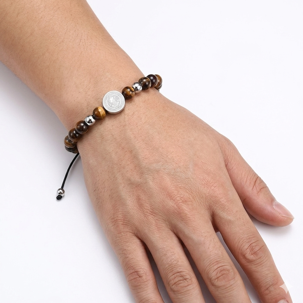 Pulseira Medalha de São Bento (Miçanga Regulável) - Prata com Marrom