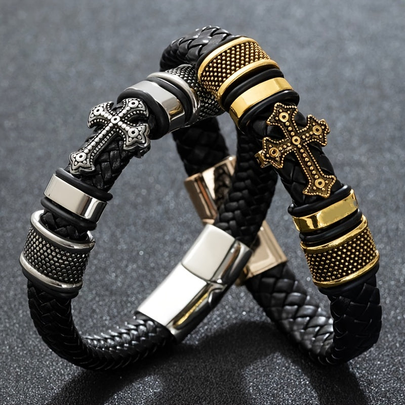 Pulseira de Couro - Cruz Detalhada - Ouro e Prata
