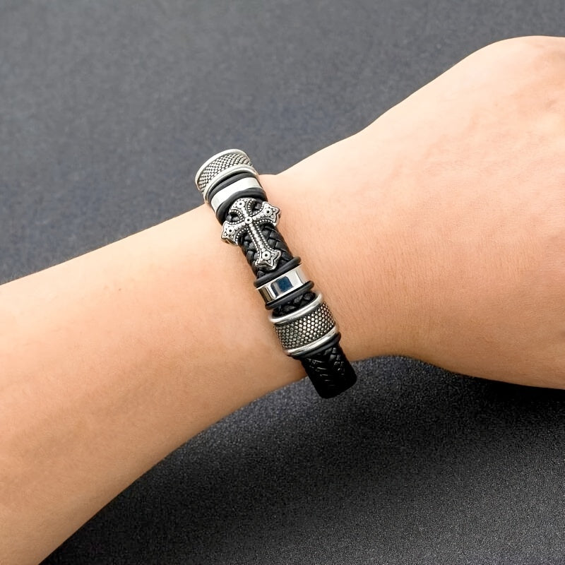 Pulseira de Couro - Cruz Detalhada - Ouro e Prata