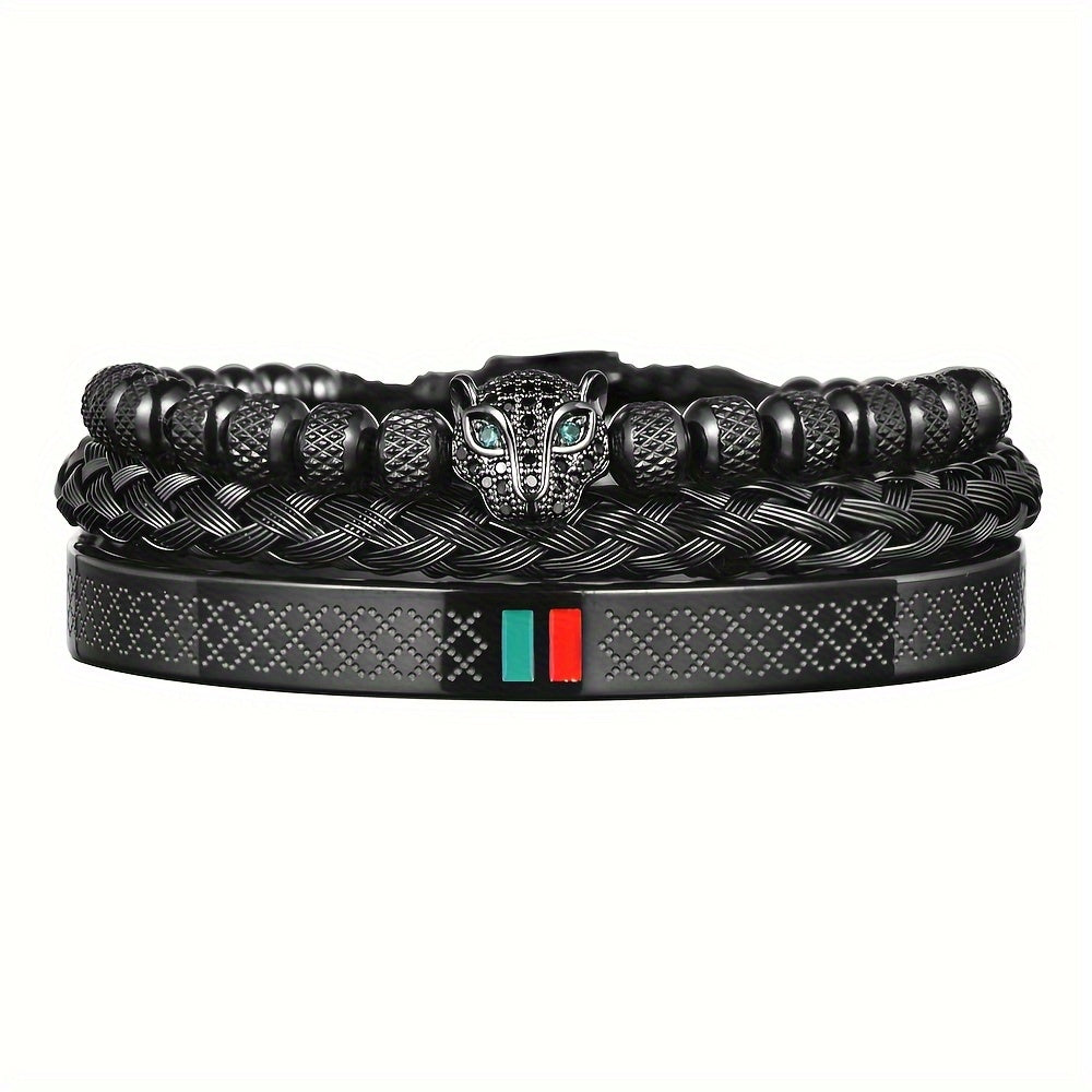 Kit Três Pulseiras em Couro e Metal - Olho de Jaguar