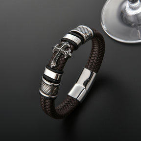 Pulseira de Couro - Cruz Detalhada - Ouro e Prata