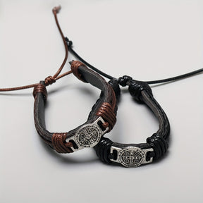 Pulseira de Couro - Medalha de São Bento - Grossa