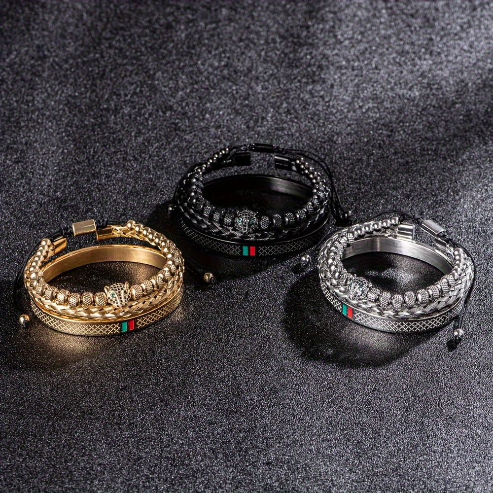 Kit Três Pulseiras em Couro e Metal - Olho de Jaguar