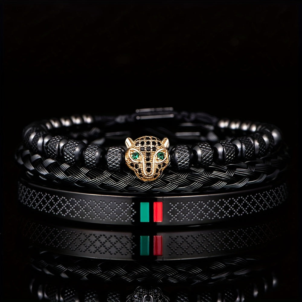Kit Três Pulseiras em Couro e Metal - Olho de Jaguar