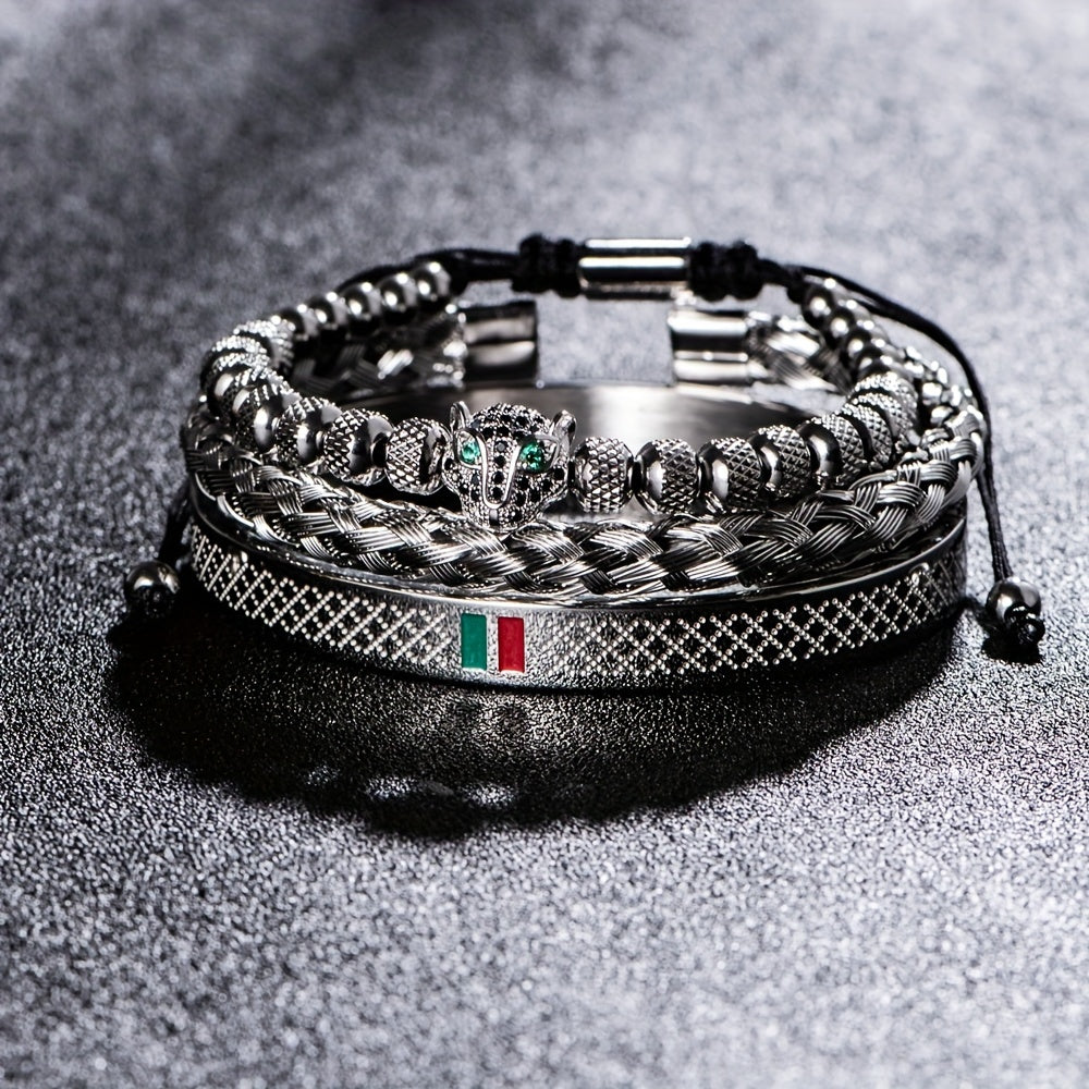 Kit Três Pulseiras em Couro e Metal - Olho de Jaguar
