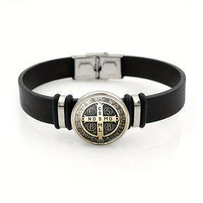 Pulseira de Couro - Medalha de São Bento - Fina