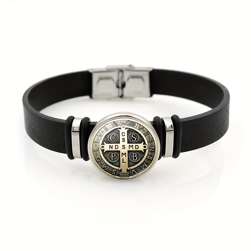 Pulseira de Couro - Medalha de São Bento - Fina