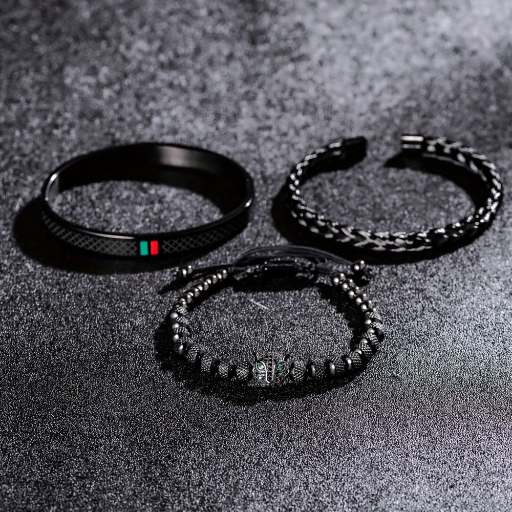 Kit Três Pulseiras em Couro e Metal - Olho de Jaguar