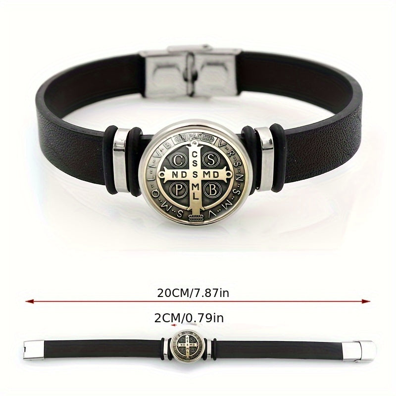 Pulseira de Couro - Medalha de São Bento - Fina