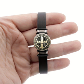 Pulseira de Couro - Medalha de São Bento - Fina