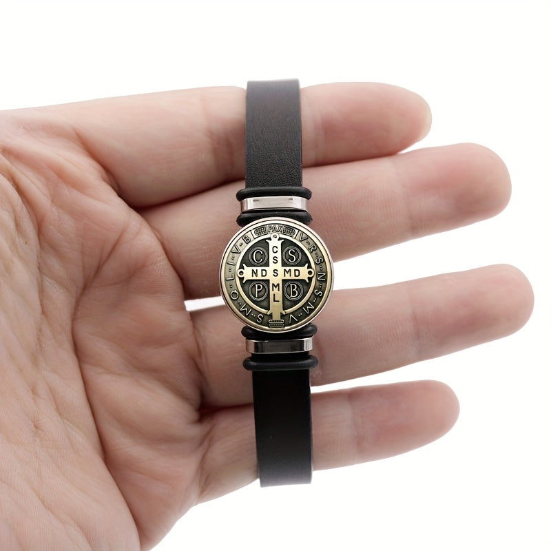 Pulseira de Couro - Medalha de São Bento - Fina