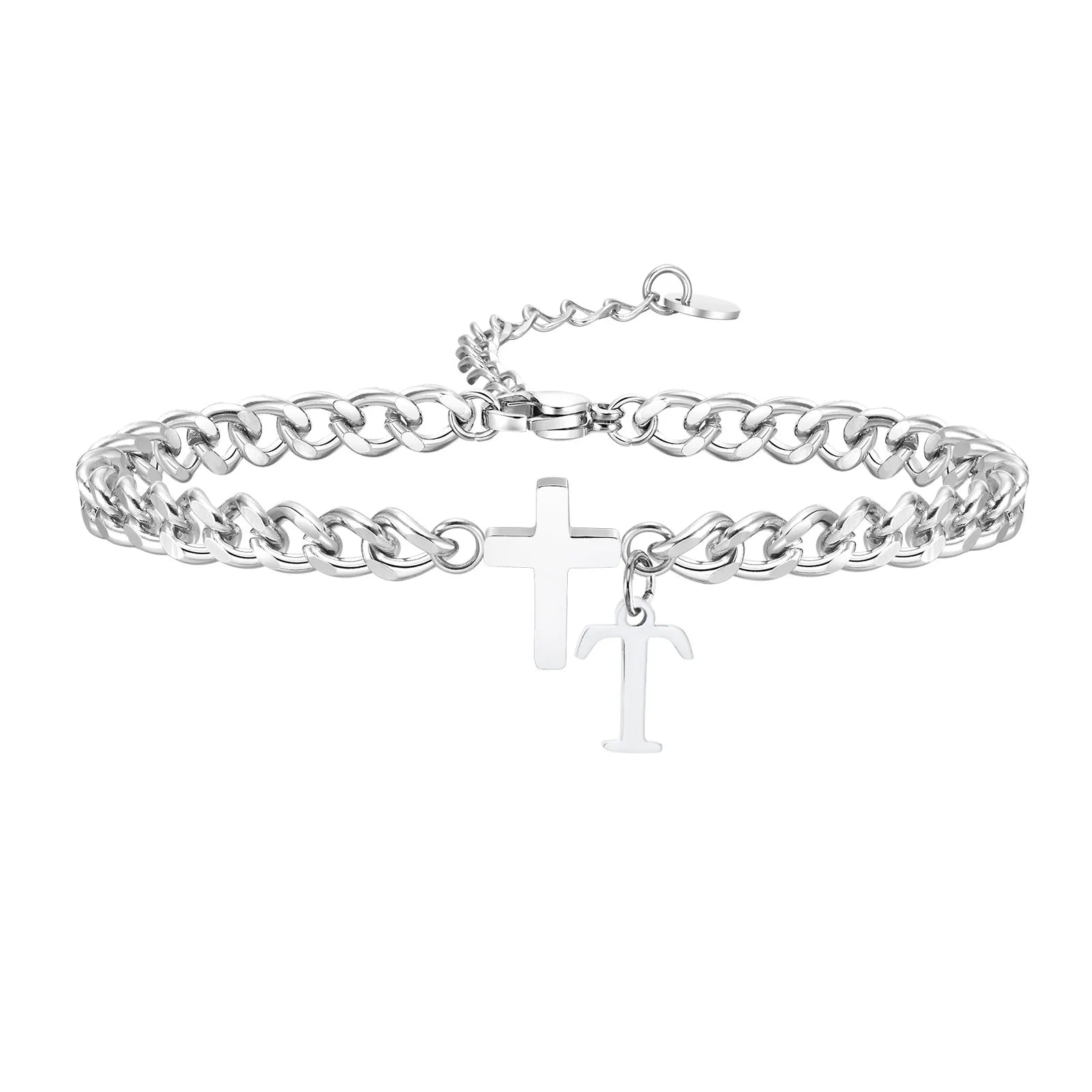 Pulseira Aço Inox - Cruz com Letra Inicial