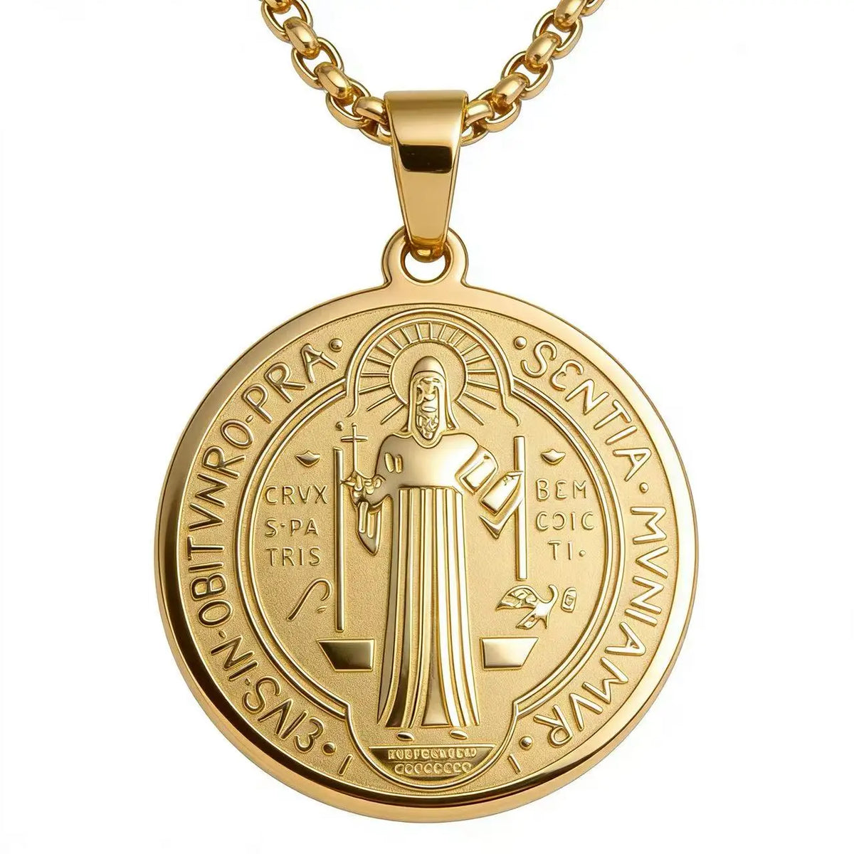 Colar Masculino Aço Inox - Medalha de São Bento lisa - Dourado