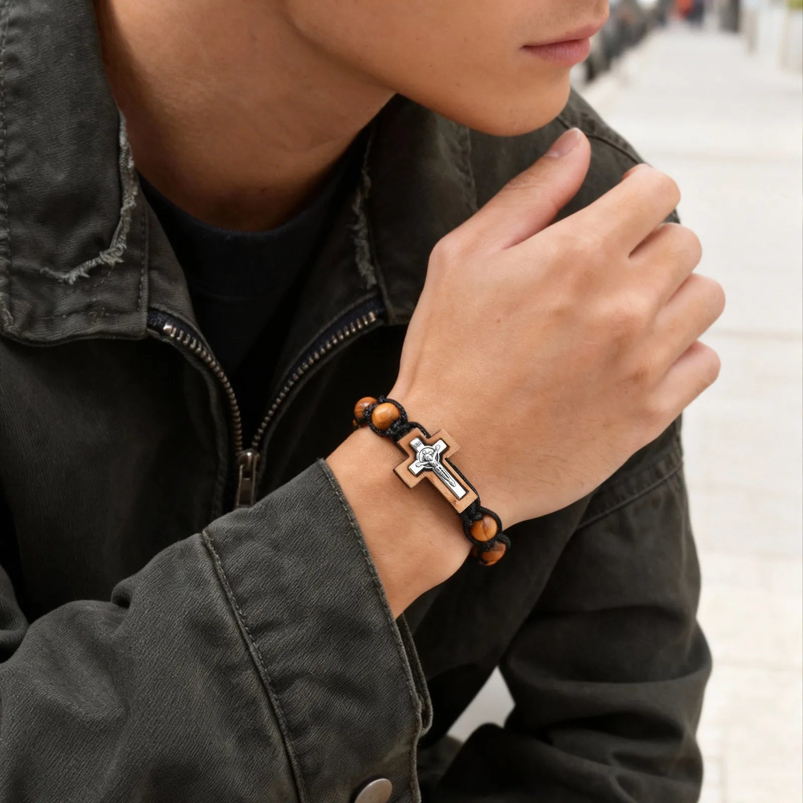 Pulseira Masculina Regulável - Dezena de Rosário em Madeira