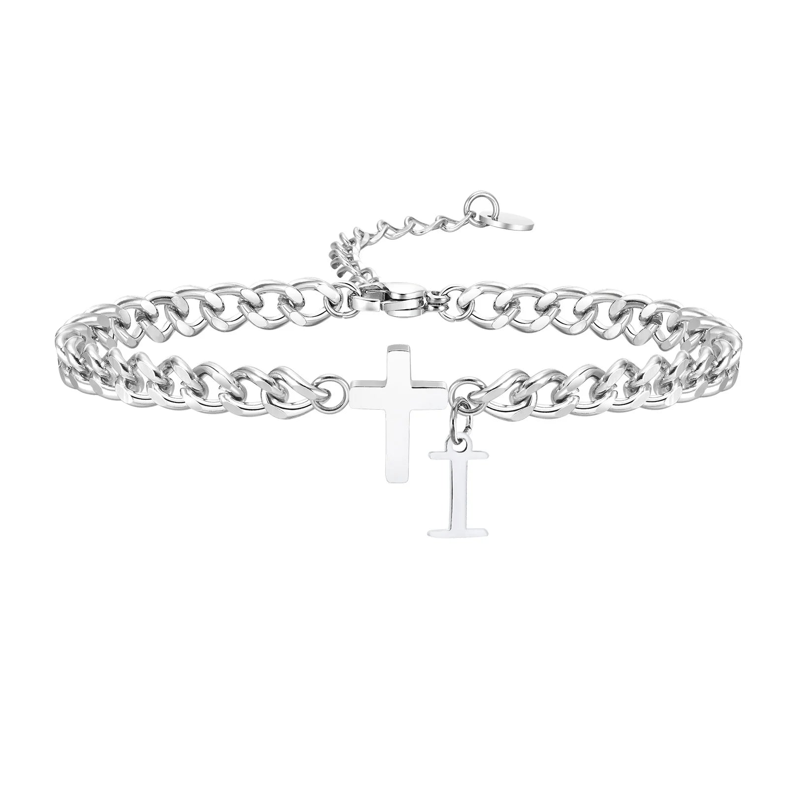 Pulseira Aço Inox - Cruz com Letra Inicial