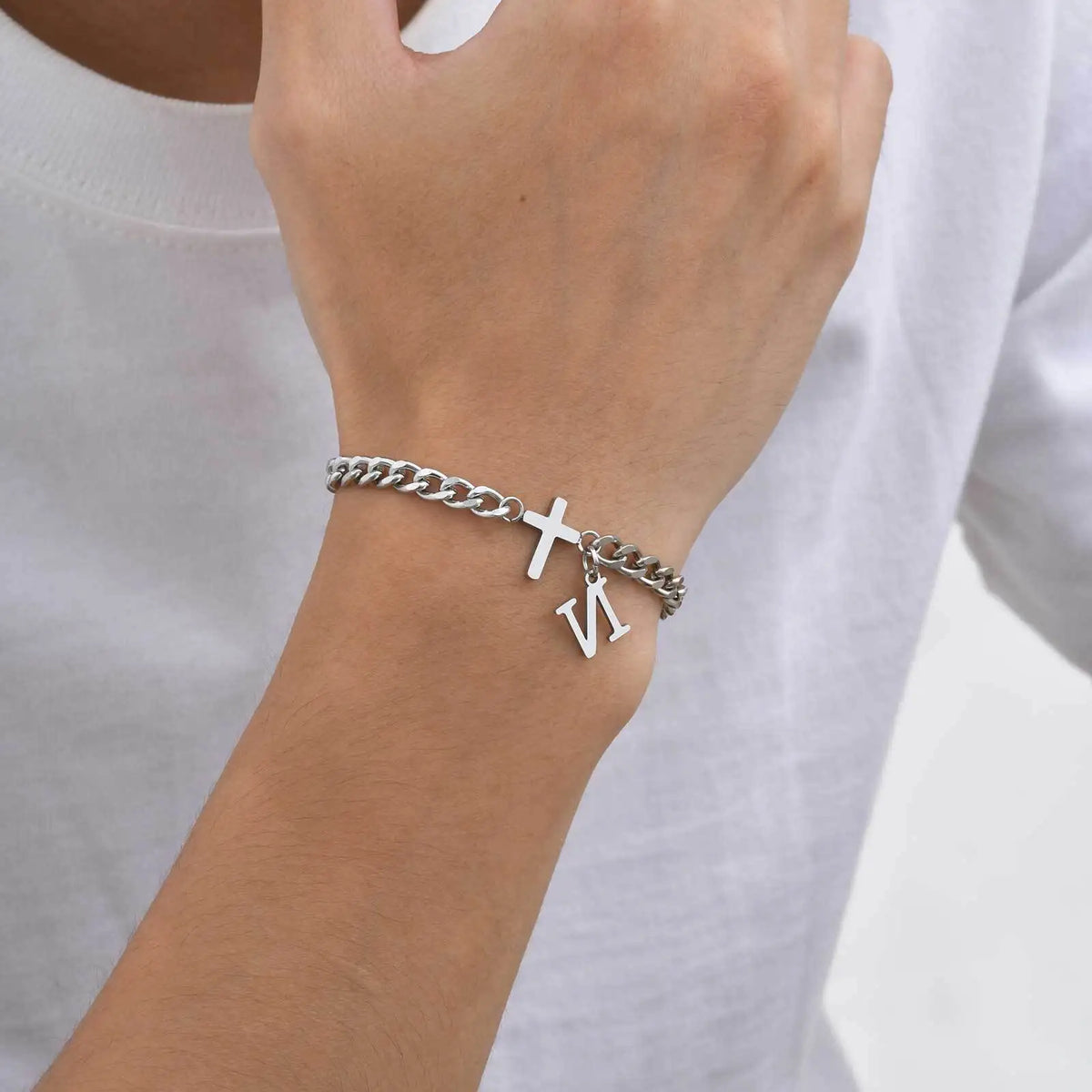 Pulseira Aço Inox - Cruz com Letra Inicial
