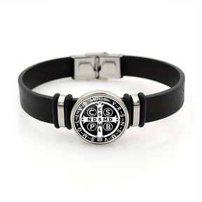 Pulseira de Couro - Medalha de São Bento - Fina