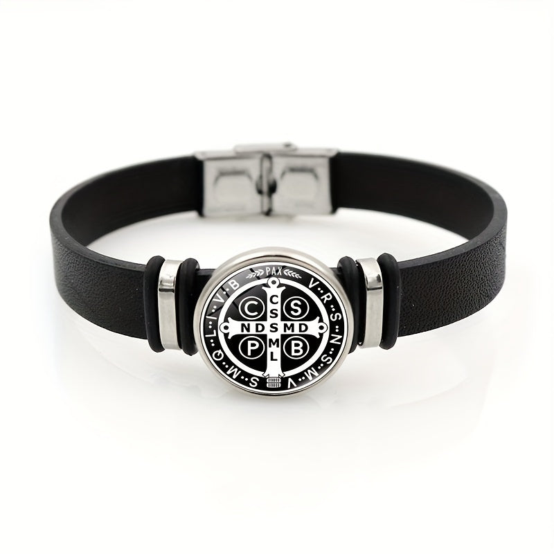 Pulseira de Couro - Medalha de São Bento - Fina