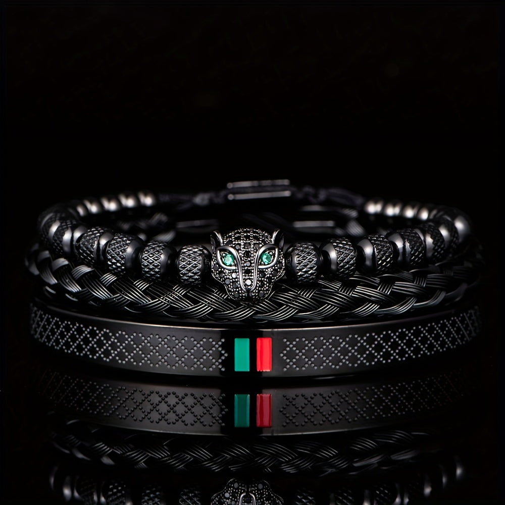Kit Três Pulseiras em Couro e Metal - Olho de Jaguar