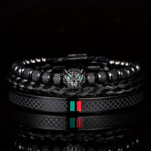 Kit Três Pulseiras em Couro e Metal - Olho de Jaguar