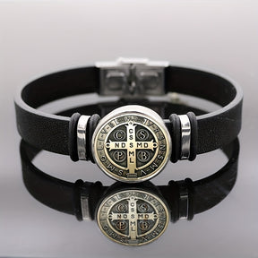 Pulseira de Couro - Medalha de São Bento - Fina