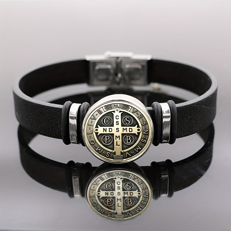 Pulseira de Couro - Medalha de São Bento - Fina