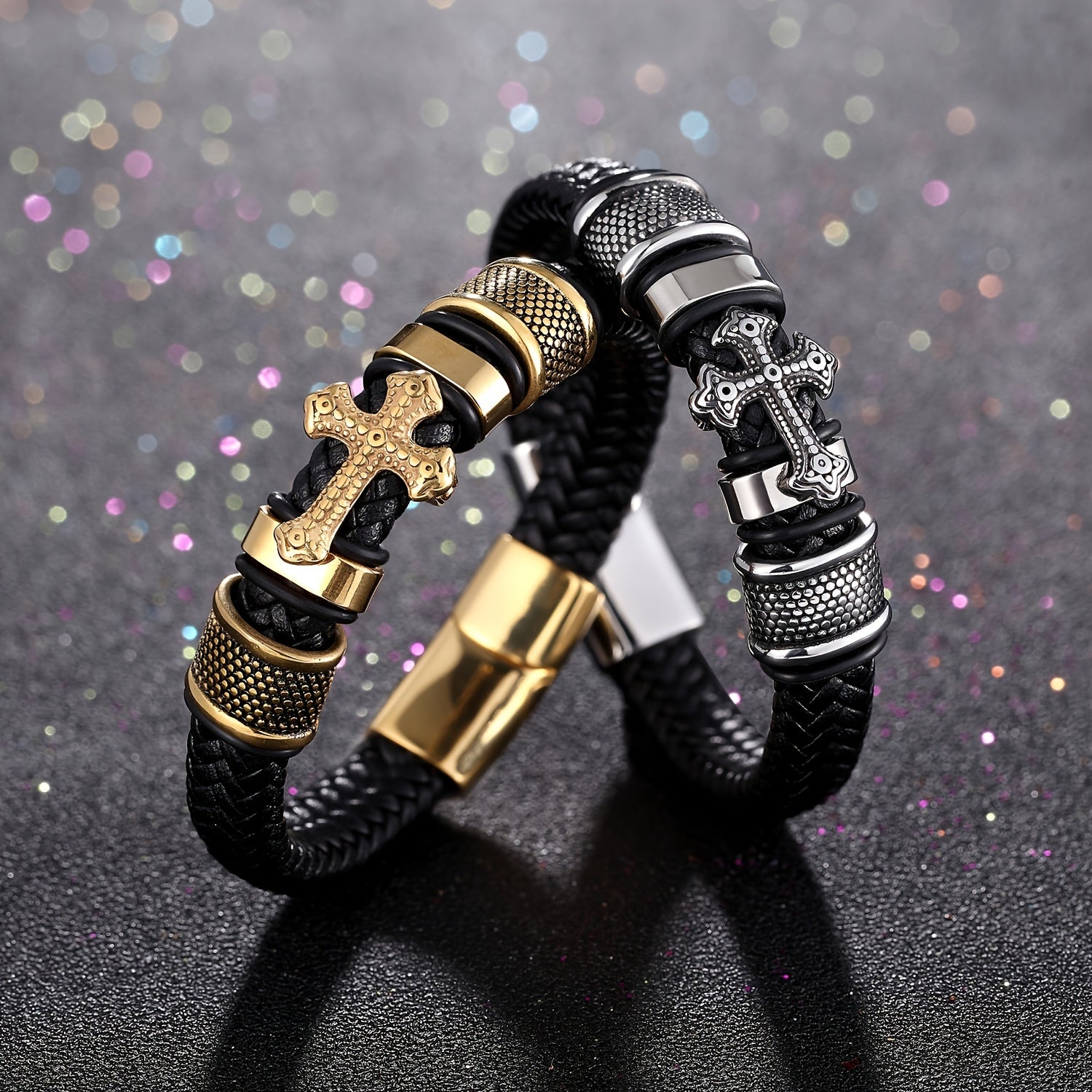 Pulseira de Couro - Cruz Detalhada - Ouro e Prata