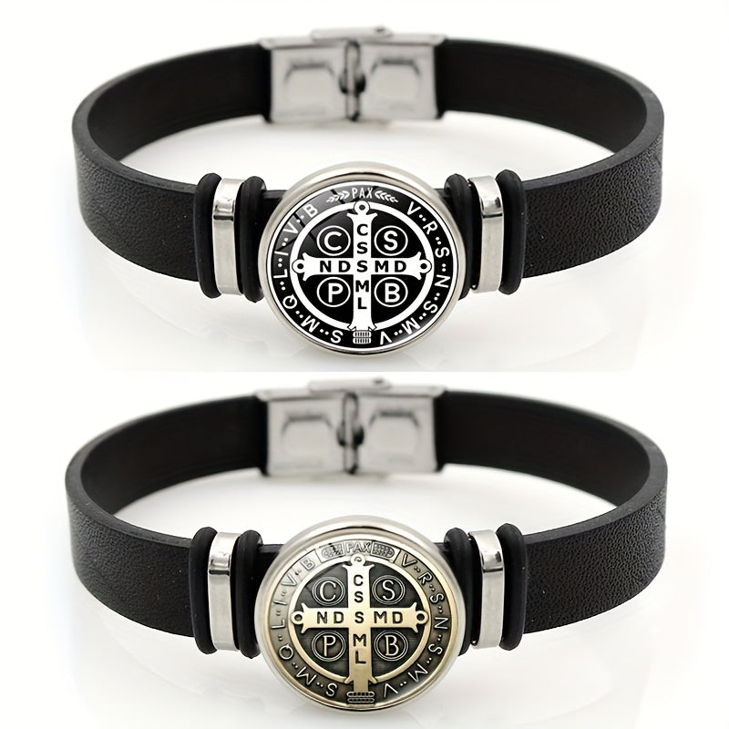 Pulseira de Couro - Medalha de São Bento - Fina