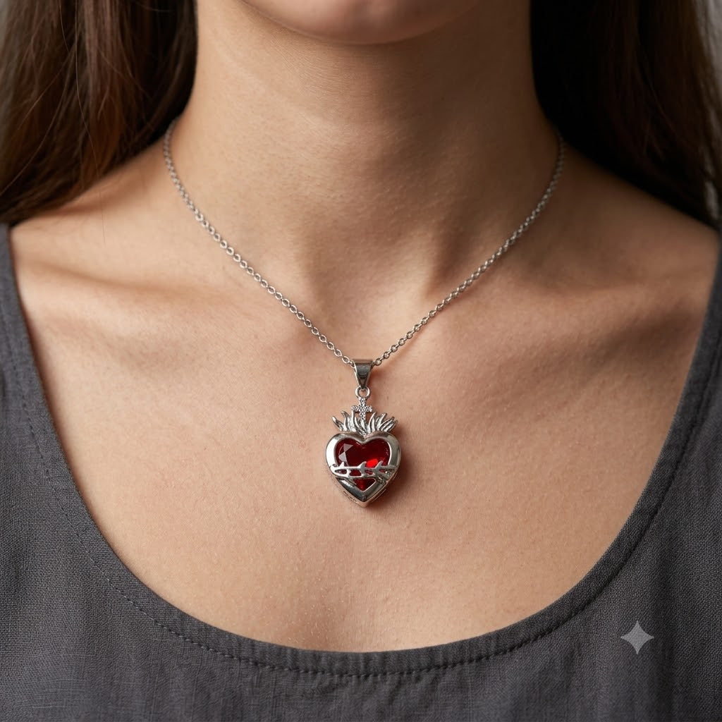 Colar Feminino Aço Inoxidável Sagrado Coração Clássico - Prata
