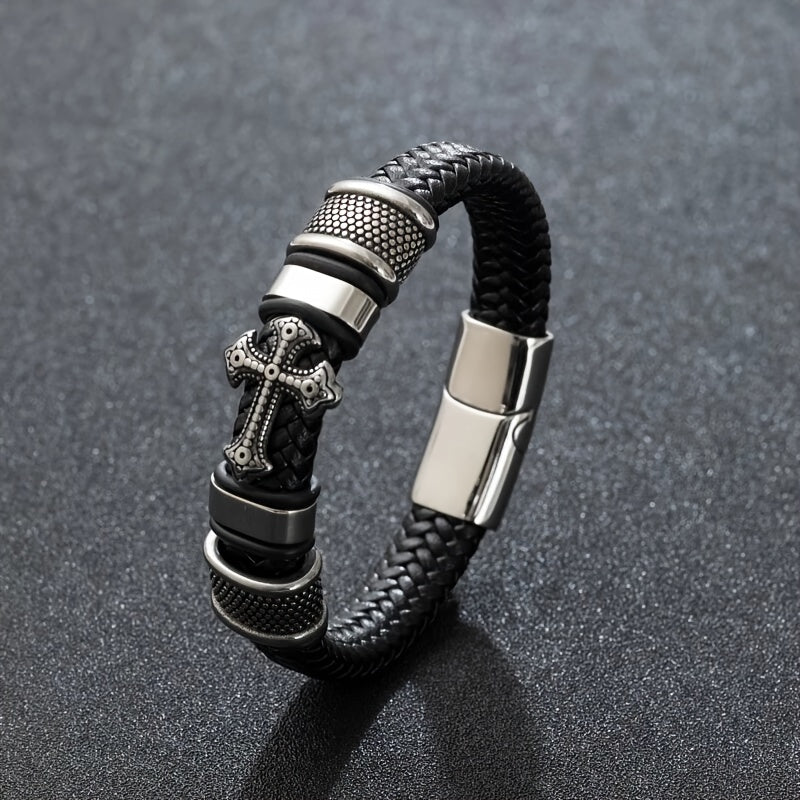 Pulseira de Couro - Cruz Detalhada - Ouro e Prata