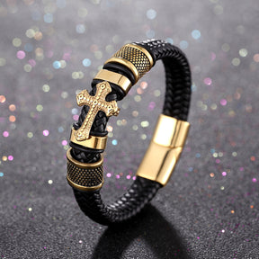 Pulseira de Couro - Cruz Detalhada - Ouro e Prata