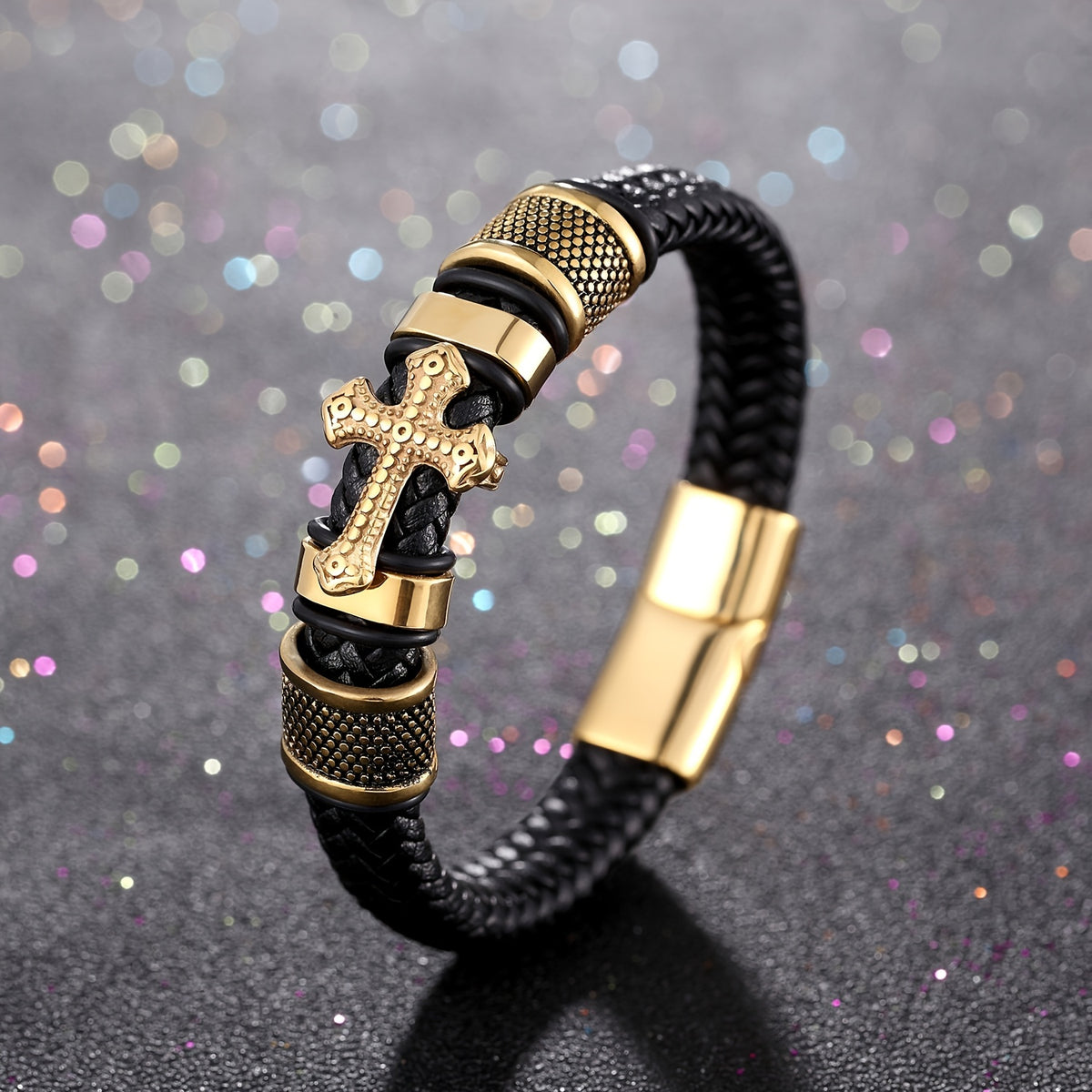 Pulseira de Couro - Cruz Detalhada - Ouro e Prata