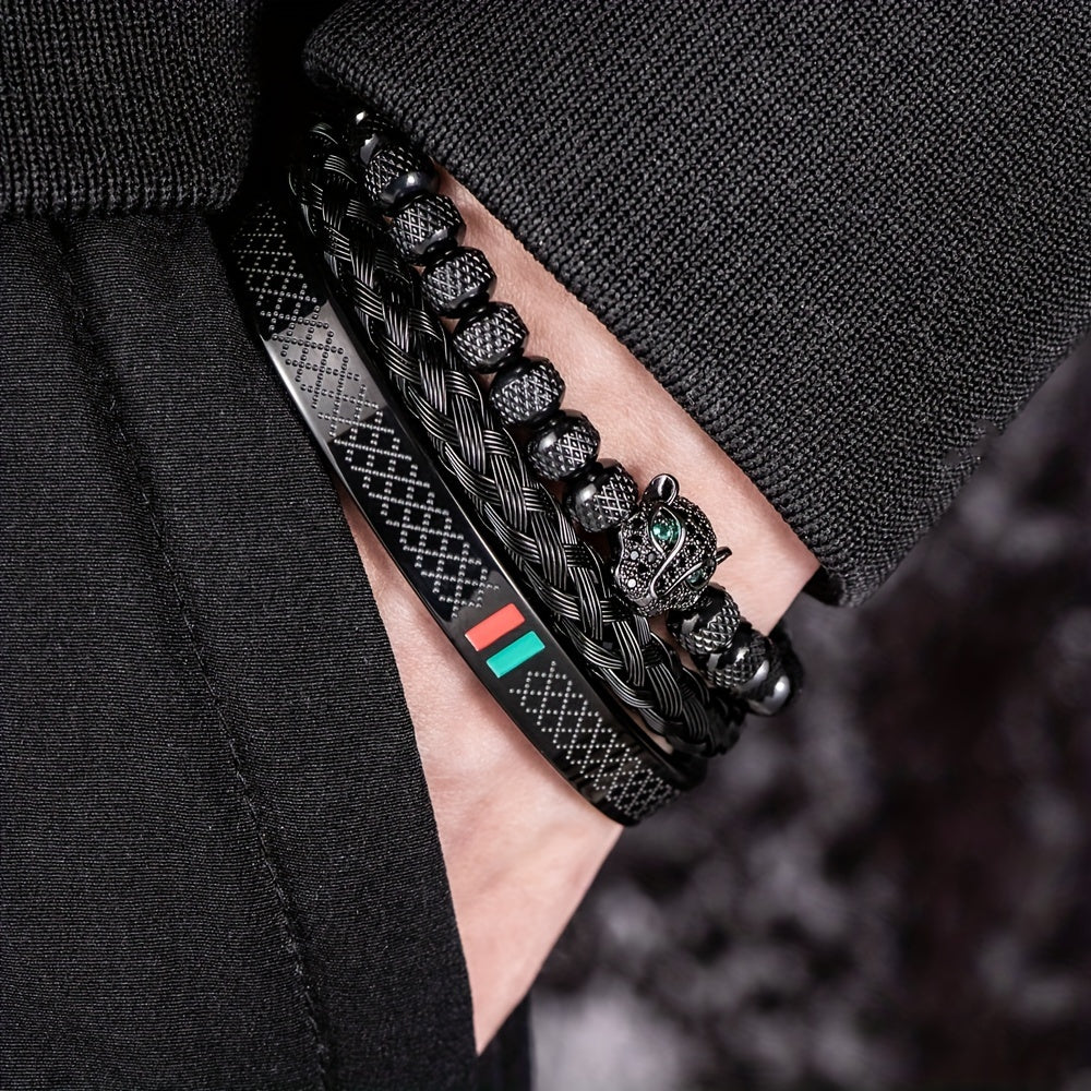 Kit Três Pulseiras em Couro e Metal - Olho de Jaguar