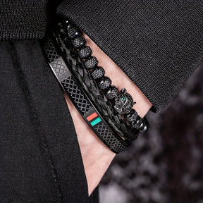 Kit Três Pulseiras em Couro e Metal - Olho de Jaguar