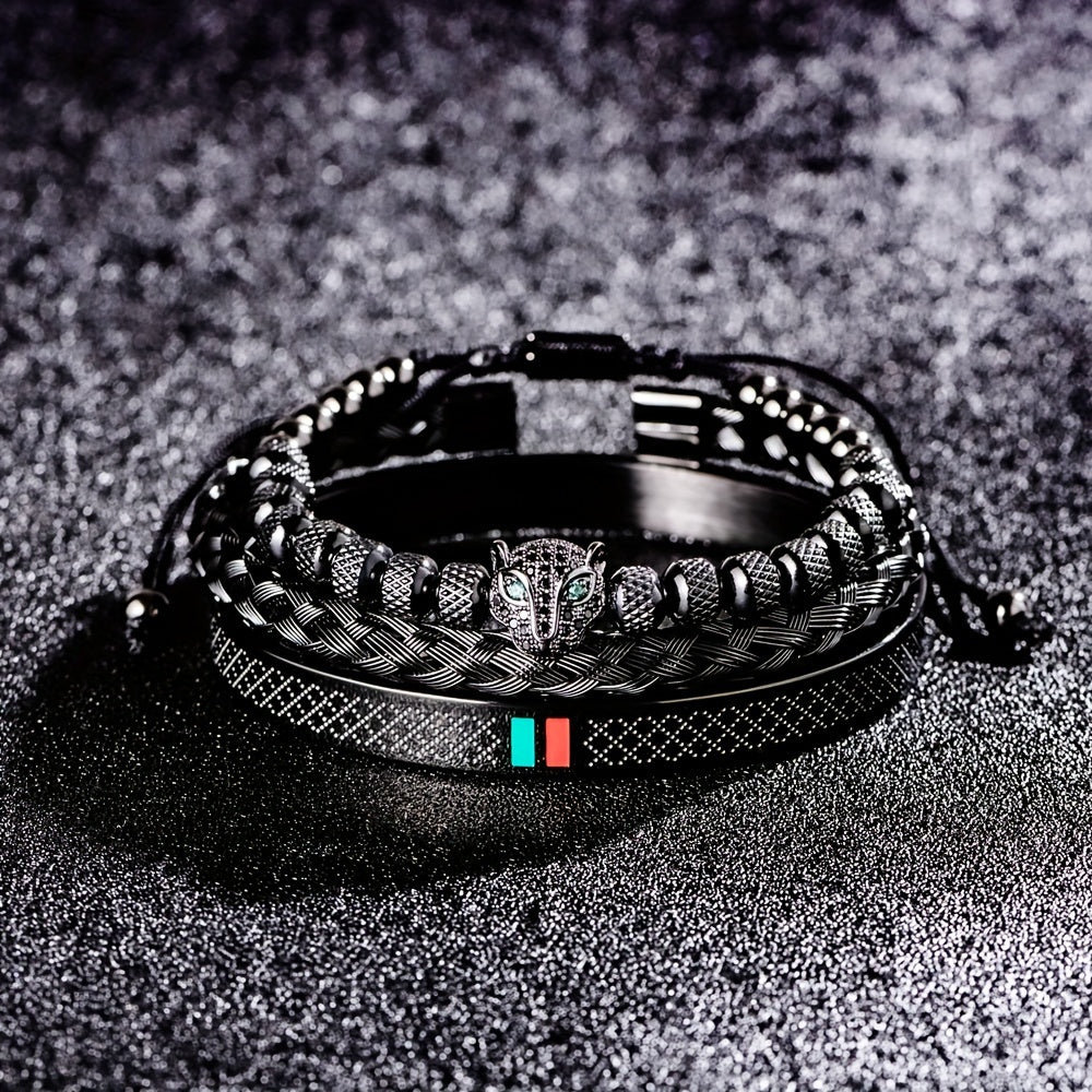 Kit Três Pulseiras em Couro e Metal - Olho de Jaguar