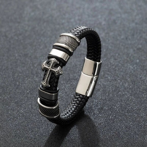 Pulseira de Couro - Cruz Detalhada - Ouro e Prata