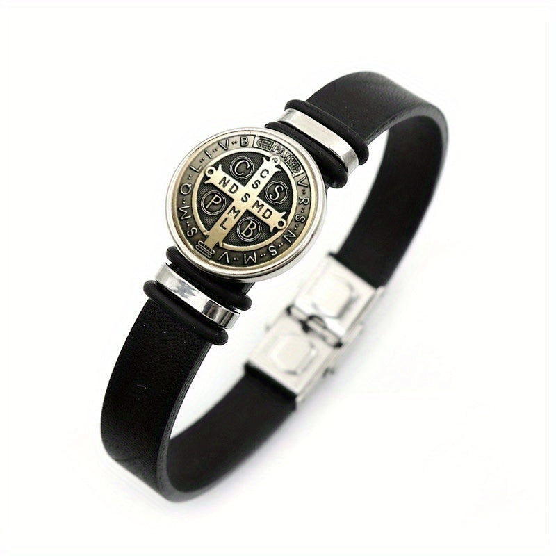Pulseira de Couro - Medalha de São Bento - Fina