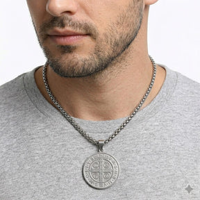 Colar Masculino Aço Inox - Medalha de São Bento lisa - Prata